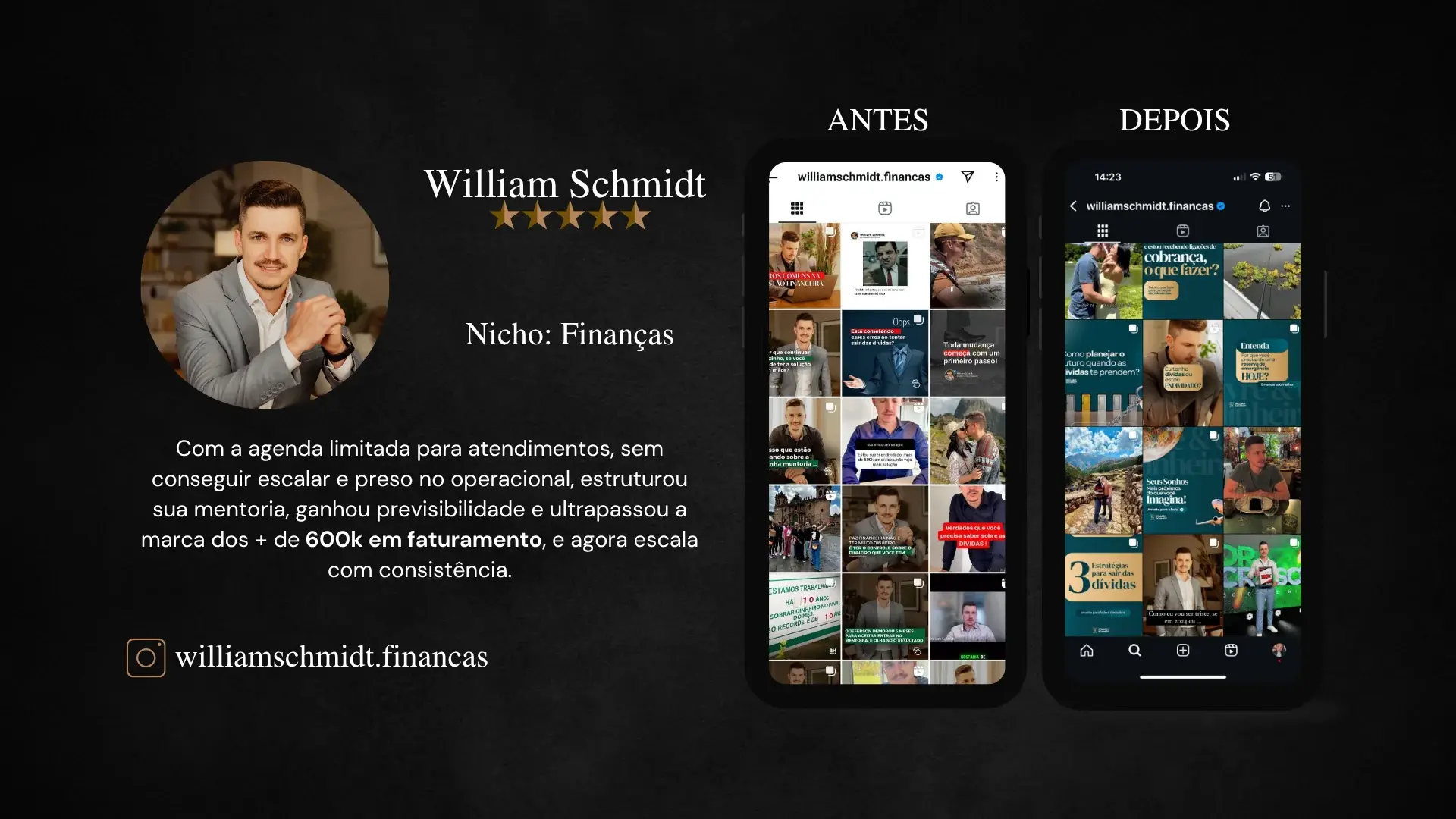 William Schmidt, mentor de Finanças. Estruturou a mentoria, ganhou previsibilidade e ultrapassou 600 mil em faturamento. Instagram williamschmidt.financas.