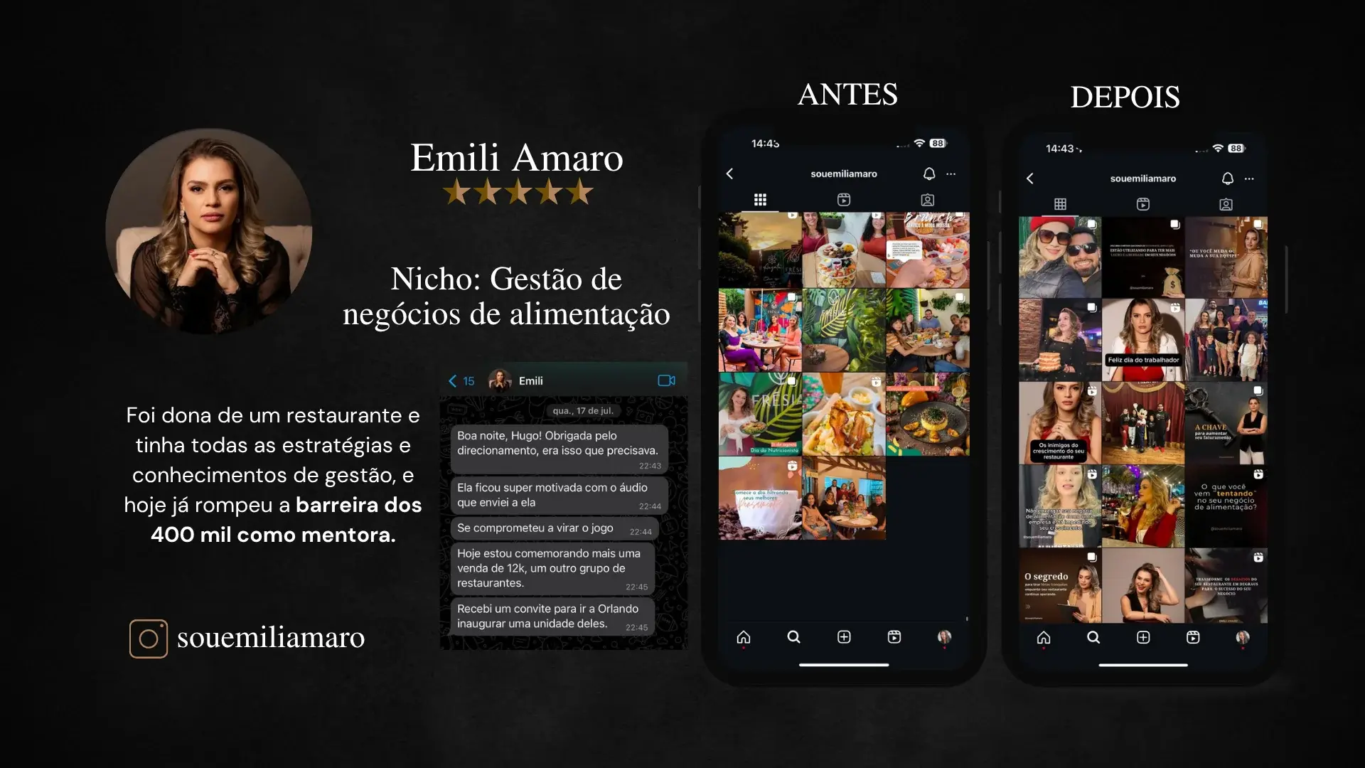 Emili Amaro, mentora de Gestão de Negócios de Alimentação. Foi dona de restaurante e hoje rompeu a barreira dos 400 mil como mentora. Instagram souemiliamaro.