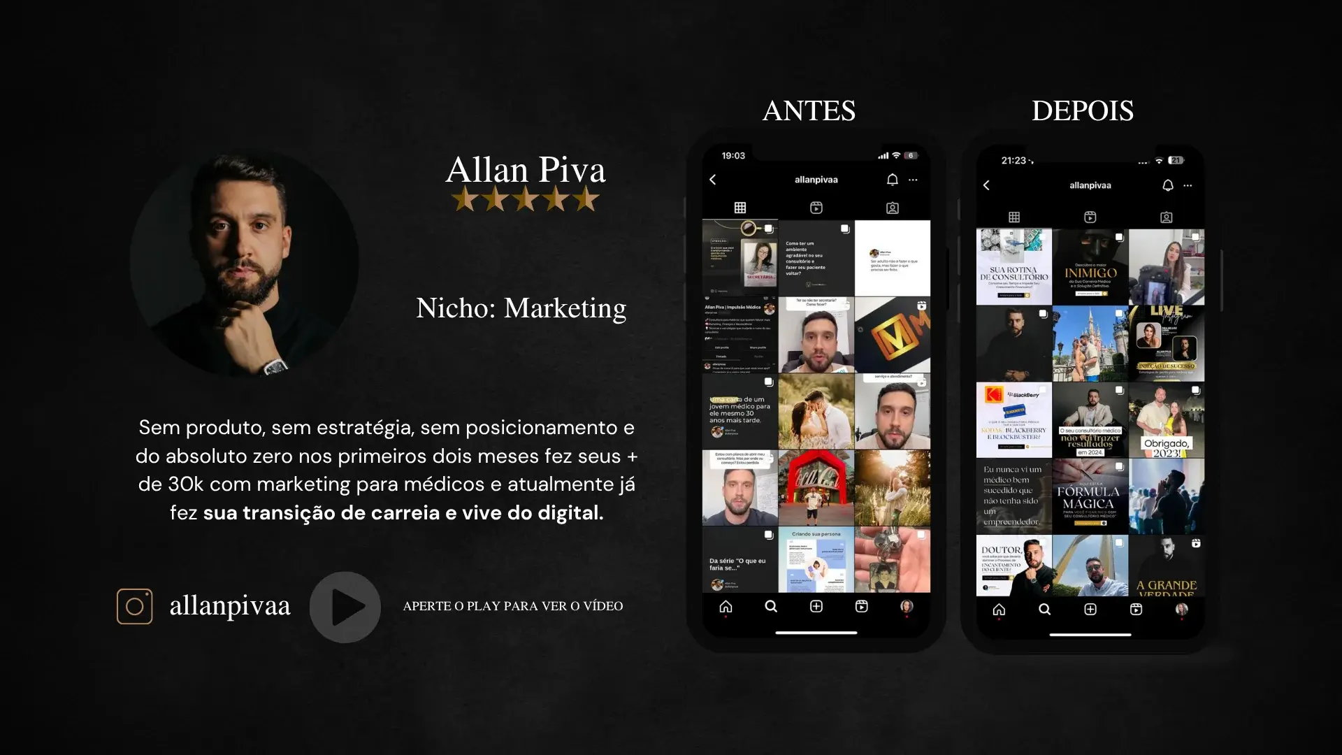 Allan Piva, mentor de Marketing. Sem produto, sem estratégia e sem posicionamento, nos primeiros dois meses fez +30k com marketing para médicos. Hoje já fez sua transição de carreira e vive do digital. Instagram allanpivaa.